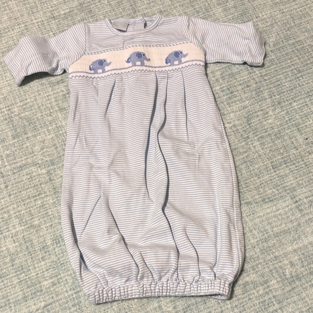 Edge Hill Baby Blue Striped Elephant Smocked Sleep Gown